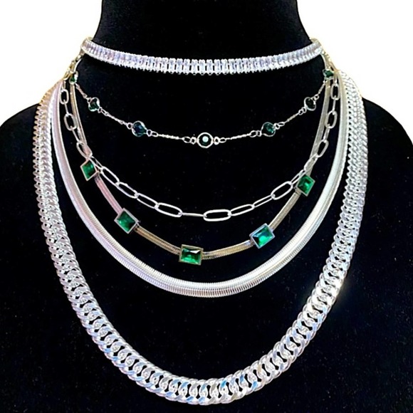 Handmade Diamond Emerald Choker Sterling Silver Multilayer Statement Necklace - Picture 4 of 8
